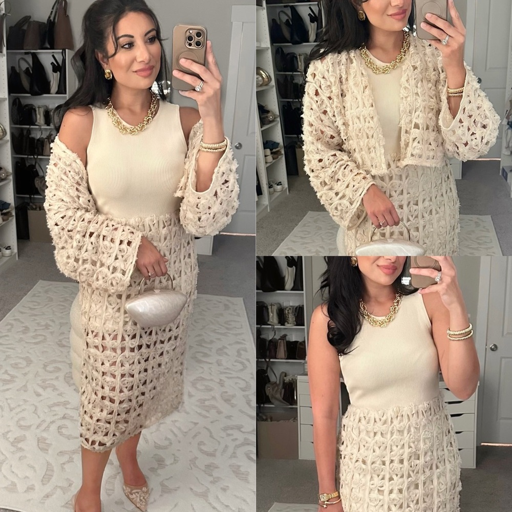 Zara NWT matching 2 piece set - ivory off white cream contrast dress & cardigan